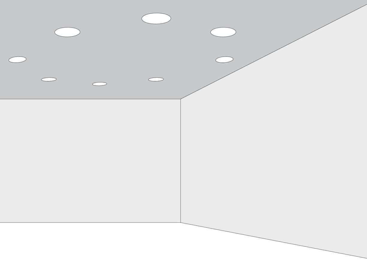 Raum mit Deckeneinbauleuchten, die Lichtmuster erzeugen, zur Illustration der Gesetze der Formwahrnehmung.