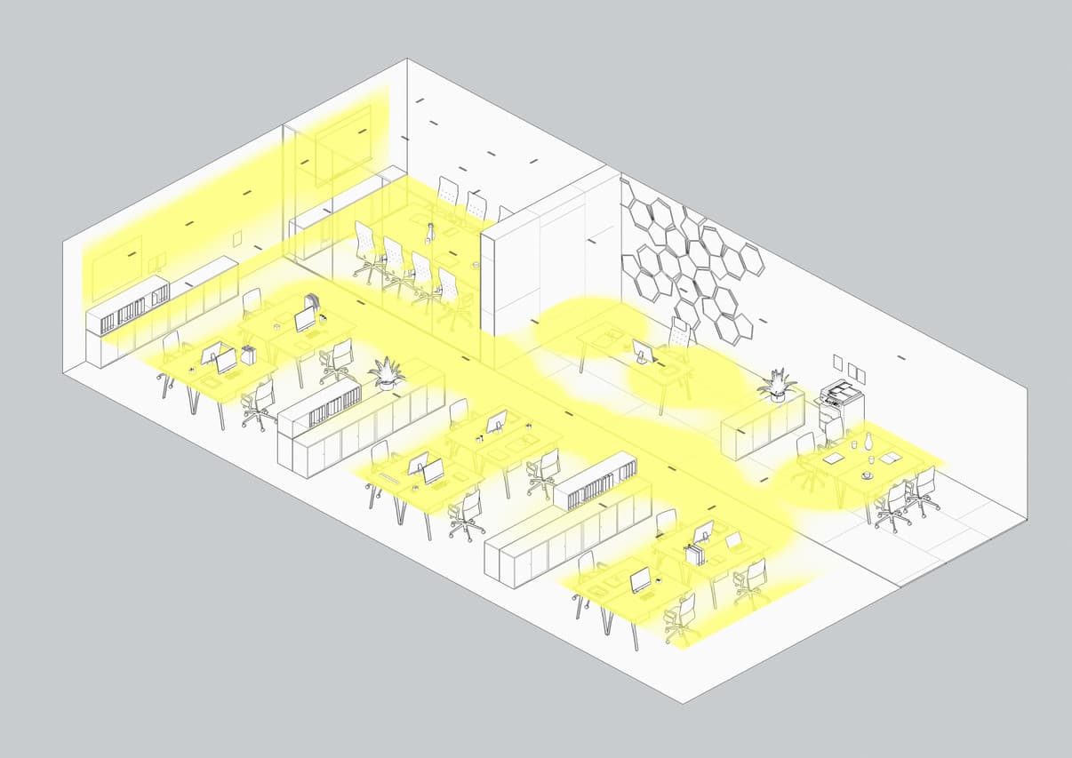 ERCO Bürobeleuchtung: Effiziente visuelle Komfort-Lichtplanung für konzentriertes Arbeiten.