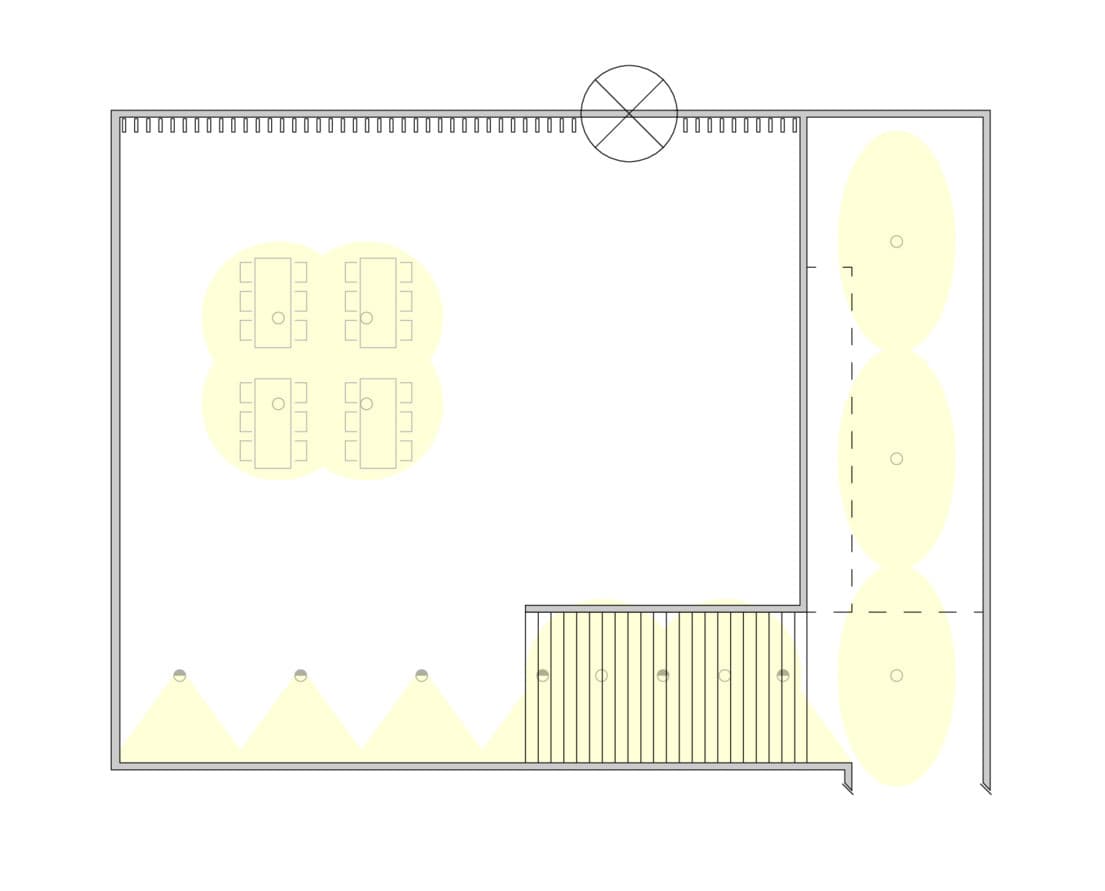 Beleuchtungsplan für ein Foyer mit Downlights und Wandflutern zur Orientierung und Akzentuierung.