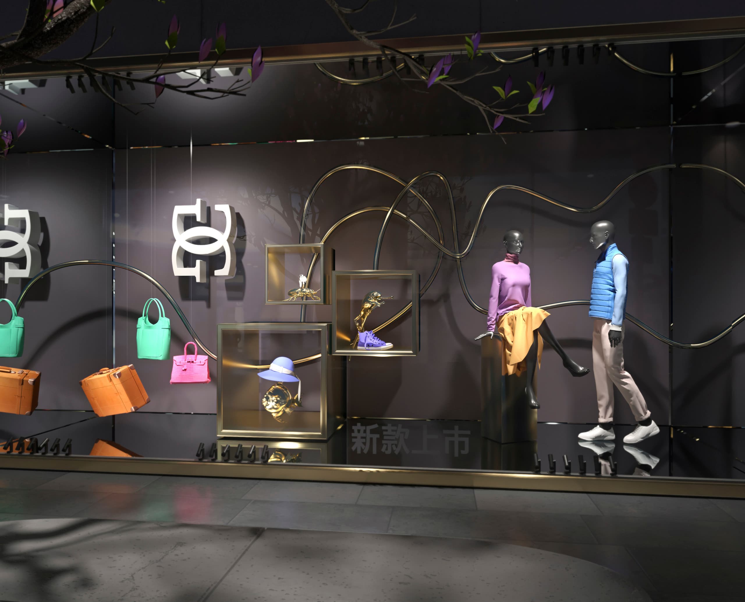 Schaufensterpuppen präsentieren Mode und Accessoires in einem eleganten 48V-System.