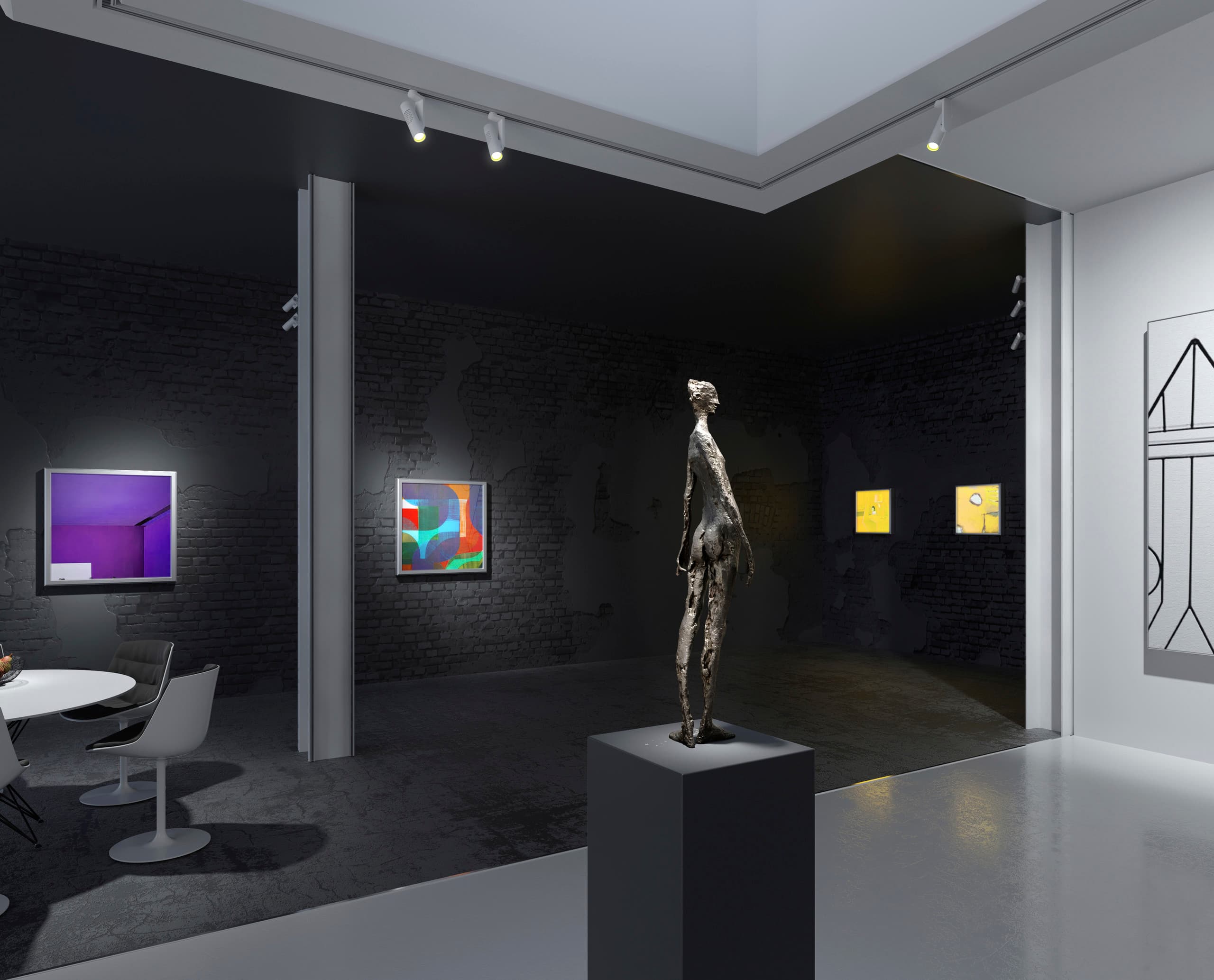 ERCO 48V-System: Kunstgalerie mit Skulptur und Gemälden, beleuchtet mit effizienten LED-Strahlern an Minirail-Schienen.