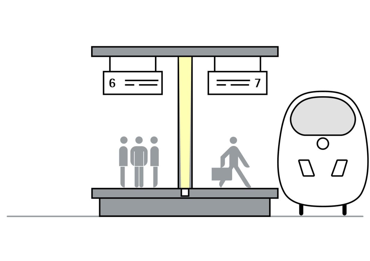 Illustration eines Bahnhofs mit Bahnsteigbeleuchtung und wartenden Passagieren.
